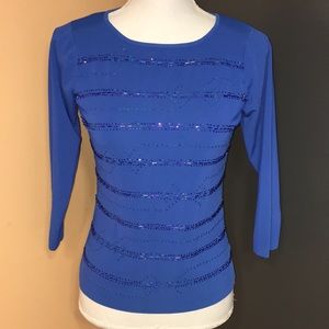 Sweaterworks Blue Knit 3/4 Sleeve Top w/ beading